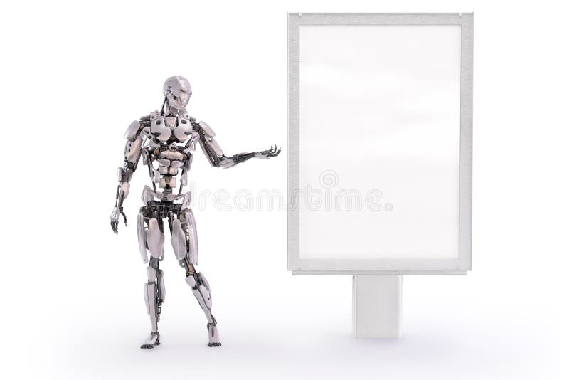 Robot pointing at a blank advertising billboard or stand mockup. Android, humanoid or cyborg artificial intelligence technology concept. Isolated on white. Clipping path included. 3D illustration. Robot pointing at a blank advertising billboard or stand mockup. Android, humanoid or cyborg artificial intelligence technology concept. Isolated on white. Clipping path included. 3D illustration