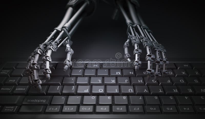 Roboter, der auf einer Computertastatur schreibt lizenzfreie abbildung