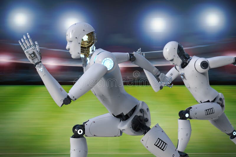 Roboter, der auf Rennstrecke läuft stockfoto Roboter, der auf Rennstrecke läuft stockfoto