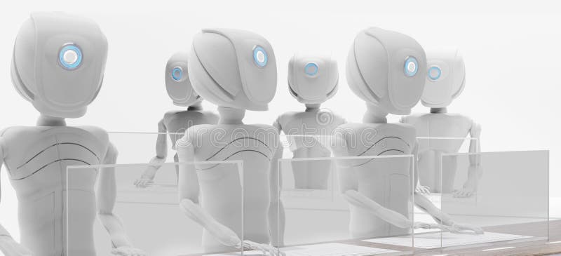 Roboter der künstlichen Intelligenz mit Bildschirm und Tastatur auf der 3D-Abbildung des Schreibtischs lizenzfreie abbildung
