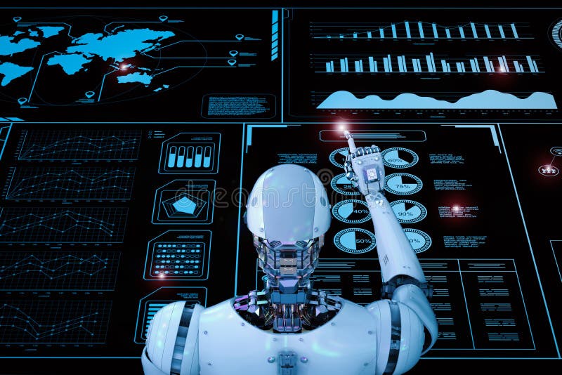 Roboter, der mit Digitalanzeige arbeitet stockfotografie Roboter, der mit Digitalanzeige arbeitet stockfotografie