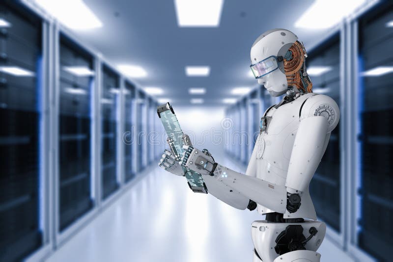 Roboter, der mit digitaler Tablette arbeitet vektor abbildung Roboter, der mit digitaler Tablette arbeitet vektor abbildung