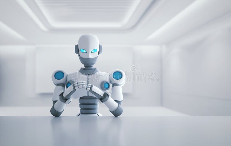 Roboter, der vor leerer Tabelle, künstliche Intelligenz sitzt stock abbildung