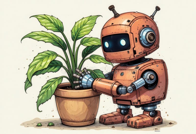 Roboter, der zu einer Pflanze in einem dekorativen Topf drinnen während der Tageslicht neigt stock abbildung