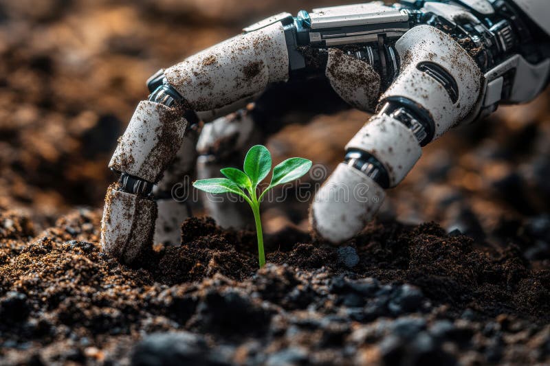 Roboter, die eine Pflanzung im Boden anpflanzen stockbilder
