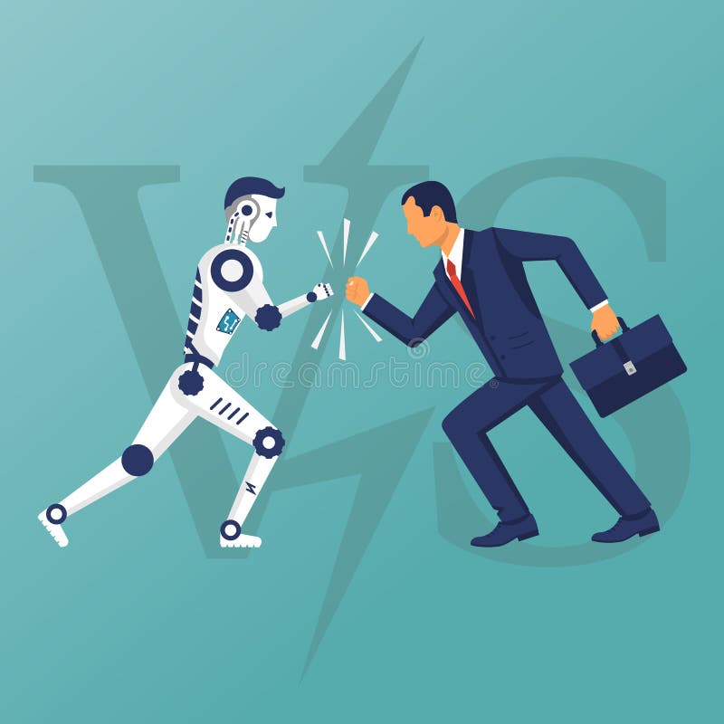 Robot vs human. Versus concept. Vector illustration flat design. Isolated on background. Businessman with the robot collided in battle. Conflict ai with humanoid. Robot vs human. Versus concept. Vector illustration flat design. Isolated on background. Businessman with the robot collided in battle. Conflict ai with humanoid.