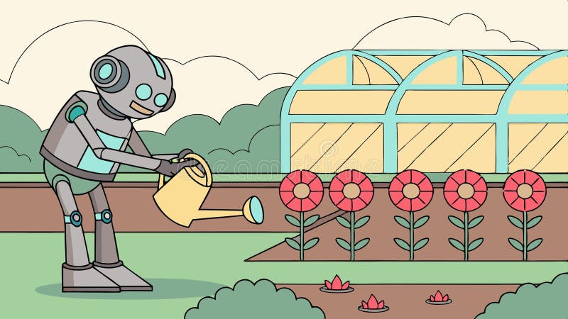 Roboter gießen Blumen in Gewächshaus futuristischen Garten-Szene Vektordesign Generative AI vektor abbildung