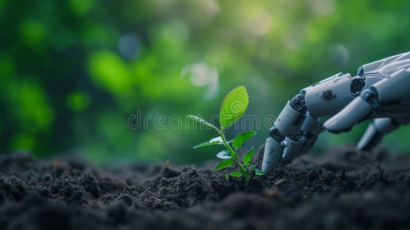 Roboter-Handpflanzung in lebendiger Vegetation lizenzfreie stockbilder