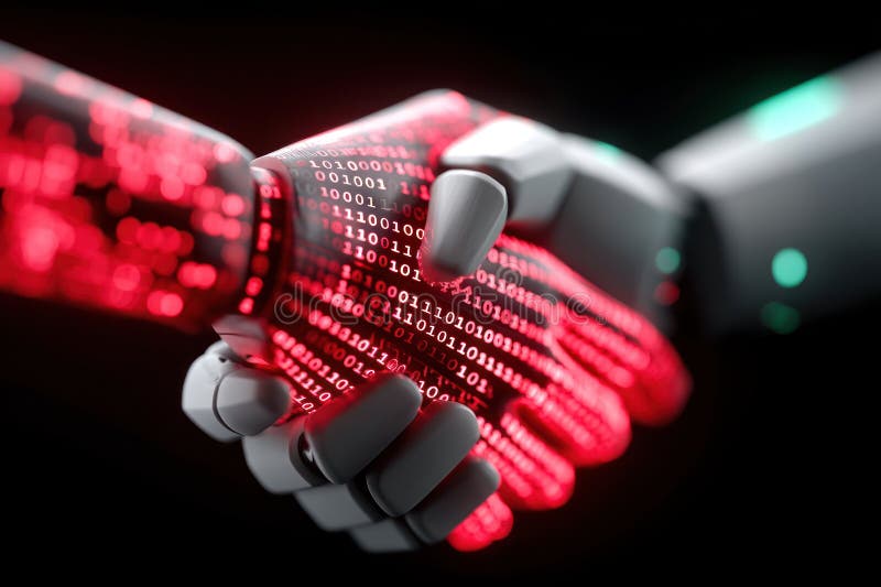Roboter-Handshake mit Binärkode-Overlay symbolisiert digitale Zusammenarbeit und sichere API-Integration.