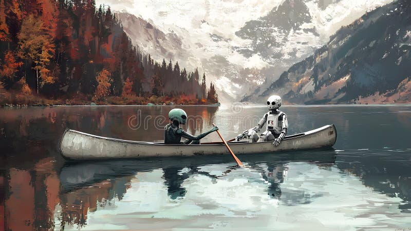 Roboter Kanufahren Abenteuer serene See digitale Kunst Herbstlandschaft schließen futuristische Erkundung lizenzfreie abbildung