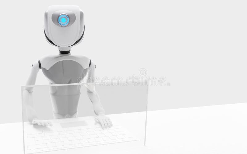 Roboter-künstliche Intelligenz mit Bildschirm und Tastatur auf der 3D-Abbildung des Schreibtischs stock abbildung