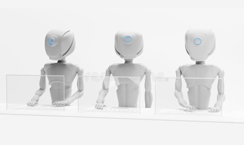 Roboter-künstliche Intelligenz mit Bildschirm und Tastatur auf der 3D-Abbildung des Schreibtischs lizenzfreie abbildung