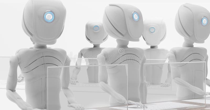 Roboter-künstliche Intelligenz mit Bildschirm und Tastatur auf der 3D-Abbildung des Schreibtischs lizenzfreie abbildung