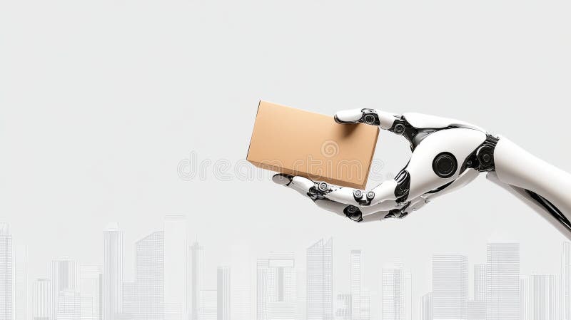 Roboter liefern Paket in futuristischer Stadt : Automatisierung und Innovation von Lieferdienstleistungen stockbilder