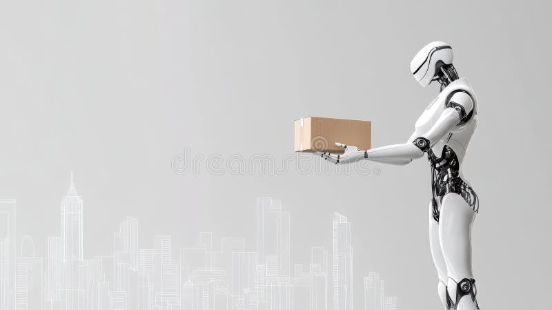 Roboter liefern Paket in futuristischer Stadt : Automatisierung und Innovation von Lieferdienstleistungen lizenzfreie stockfotografie