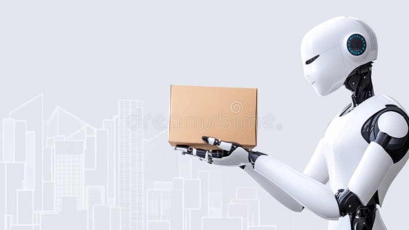 Roboter liefern Paket in futuristischer Stadt : Automatisierung und Innovation von Lieferdienstleistungen stockfoto