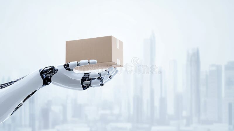 Roboter liefern Paket in futuristischer Stadt : Automatisierung und Innovation von Lieferdienstleistungen stockbilder