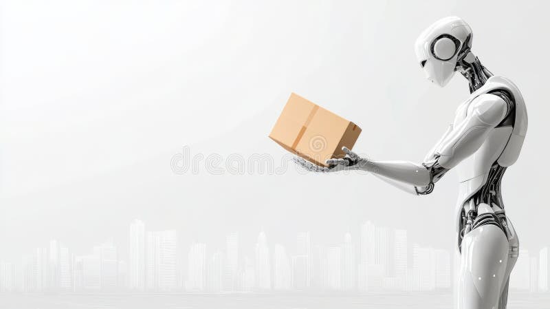 Roboter liefern Paket in futuristischer Stadt : Automatisierung und Innovation von Lieferdienstleistungen lizenzfreie stockfotos
