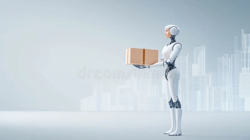 Roboter liefern Paket in futuristischer Stadt : Automatisierung und Innovation von Lieferdienstleistungen lizenzfreies stockbild