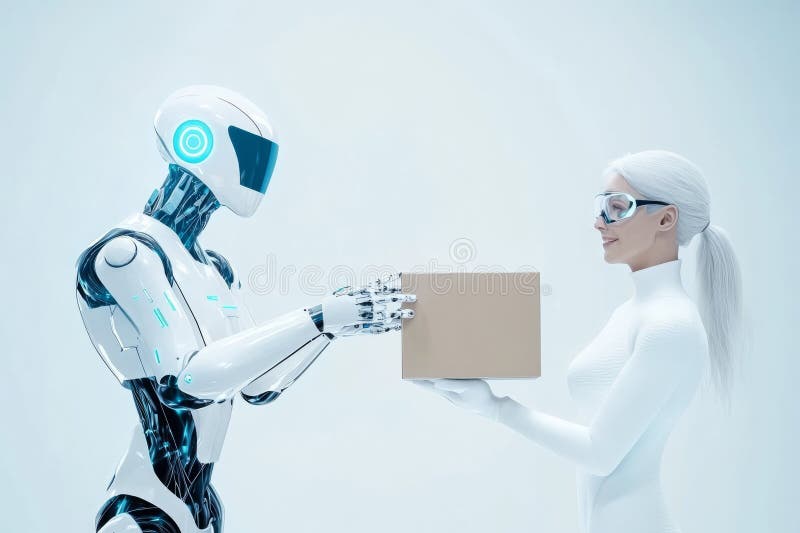 Roboter liefern Paket in futuristischer Stadt : Automatisierung und Innovation von Lieferdienstleistungen stockfotos
