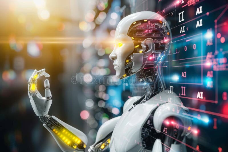 Roboter mit ai-Schnittstelle, die die Integration künstlicher Intelligenz in die industrielle Automatisierung symbolisiert vektor abbildung