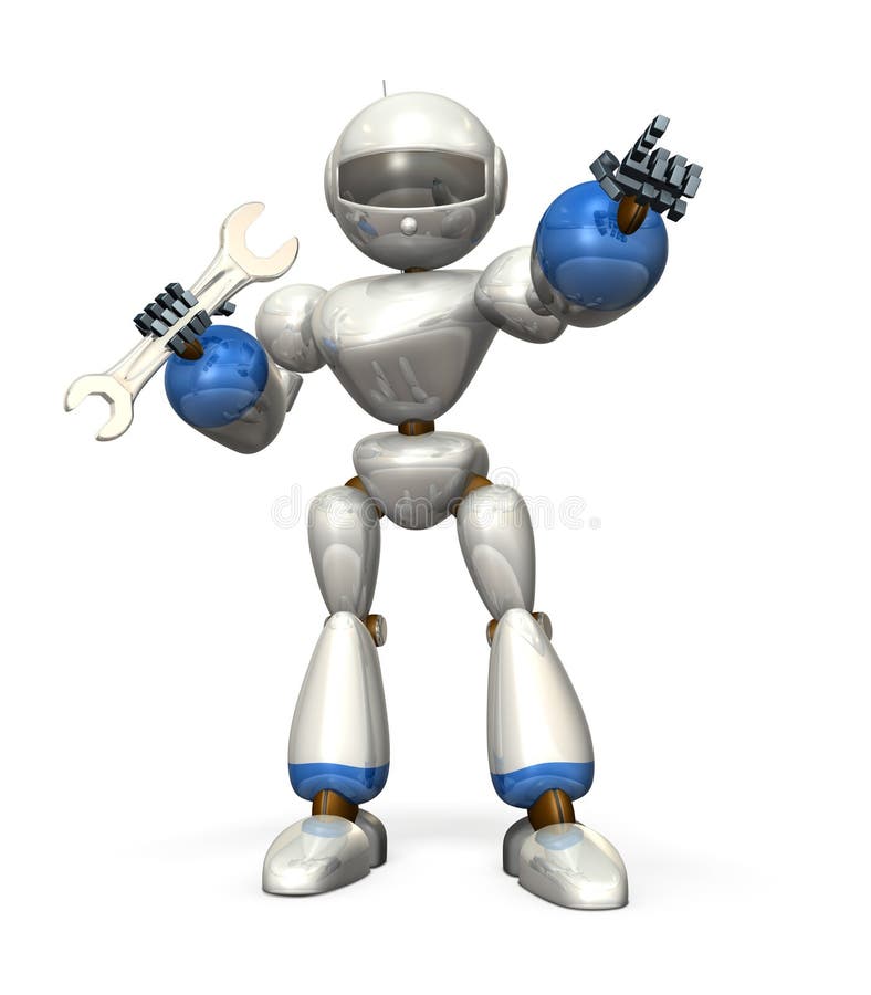 White humanoid robot, having wrench. It is pointing at something. White humanoid robot, having wrench. It is pointing at something.