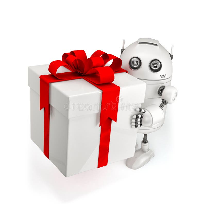 Robot with gift box. on white. Robot with gift box. on white