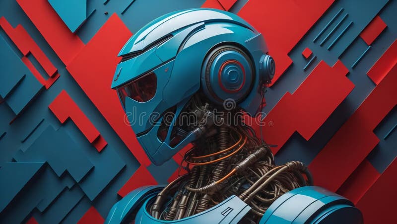 Roboter mit Helm auf rotem und blauem geometrischem Hintergrund. generative Hilfe