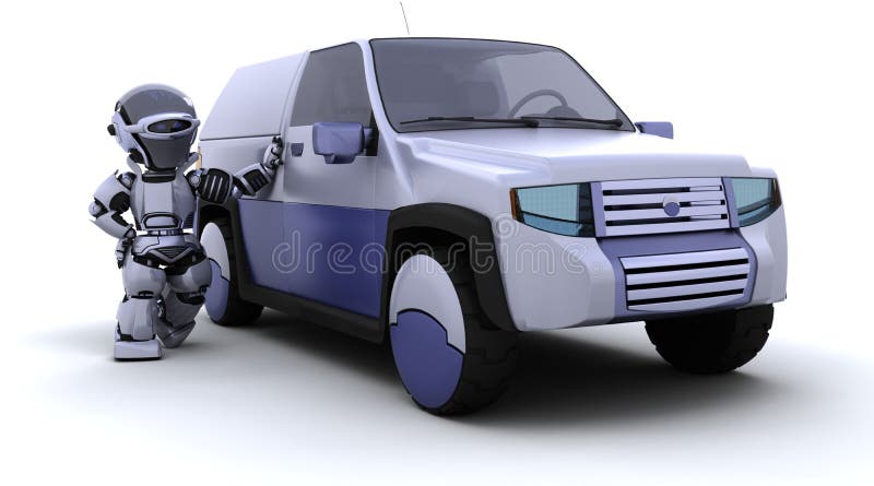 Roboter mit SUV Konzeptauto vektor abbildung Roboter mit SUV Konzeptauto vektor abbildung