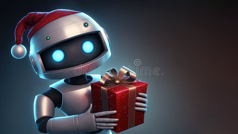 Roboter in Santa mit einem roten Geschenkkasten mit Halbkörperansicht über d lizenzfreie abbildung