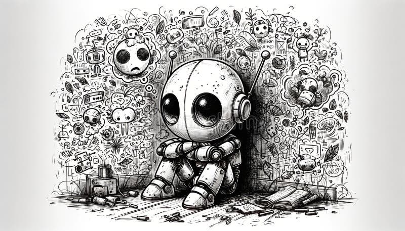 Roboter sitzen in einer Ecke umgeben von Doodles lizenzfreie abbildung