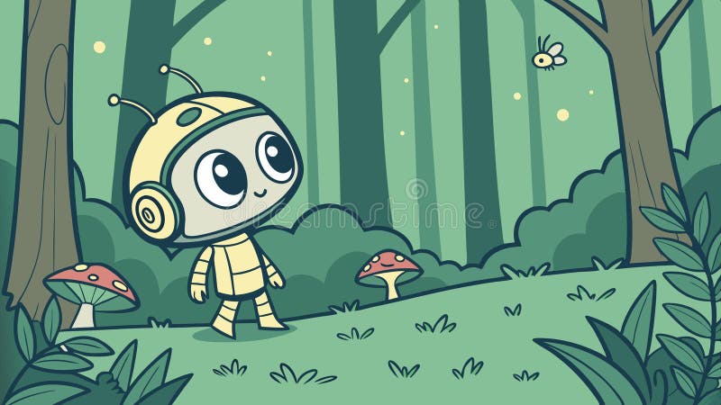 Roboter sitzend auf Pilz in Wald futuristischen Charakter Vektor Design Generative AI lizenzfreie abbildung