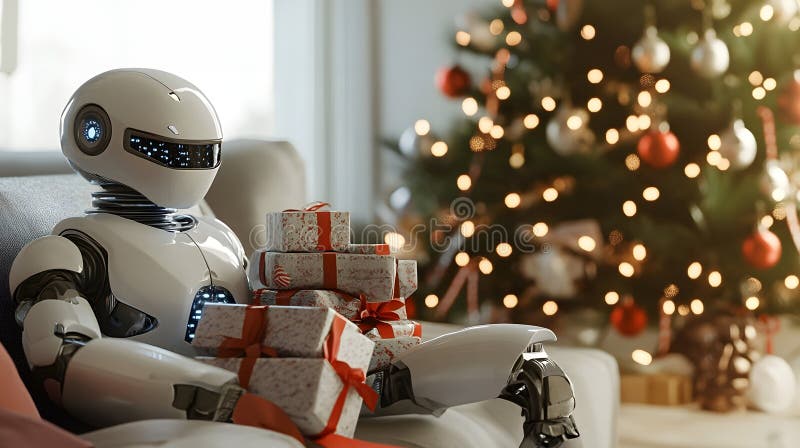 Roboter sitzend im Wohnzimmer neben dem Weihnachtsbaum mit Geschenken. stock abbildung
