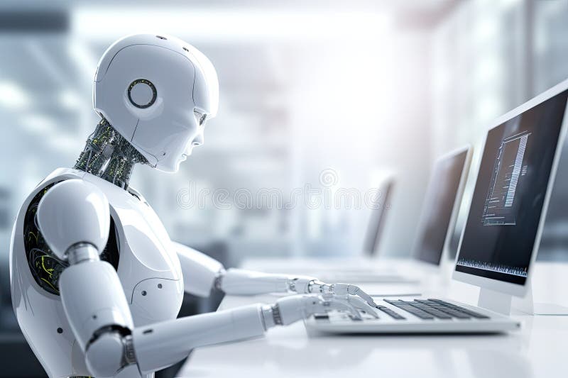Roboter sitzt am Schreibtisch mit Laptop vor ihm. durch generative Hilfe. lizenzfreie abbildung
