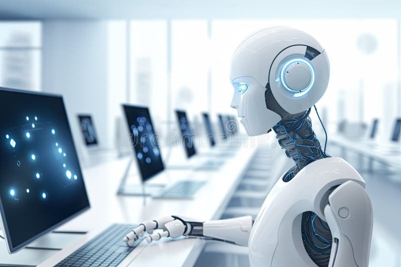 Roboter sitzt am Schreibtisch mit Laptop vor ihm. durch generative Hilfe. lizenzfreie abbildung