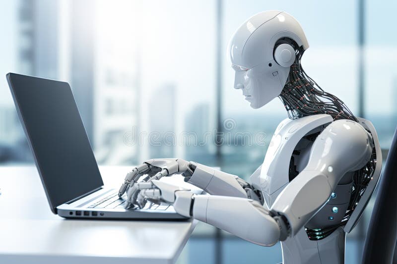 Roboter sitzt am Schreibtisch mit Laptop vor ihm. durch generative Hilfe. vektor abbildung