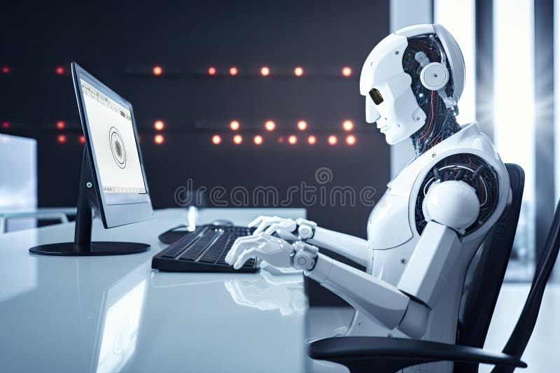 Roboter sitzt am Schreibtisch mit Laptop vor ihm. durch generative Hilfe. lizenzfreie abbildung
