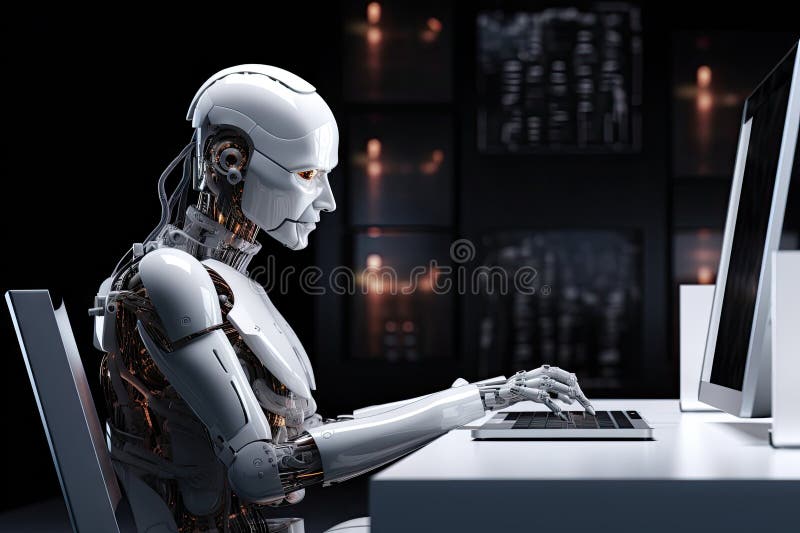 Roboter sitzt am Schreibtisch mit Laptop vor ihm. durch generative Hilfe. stock abbildung