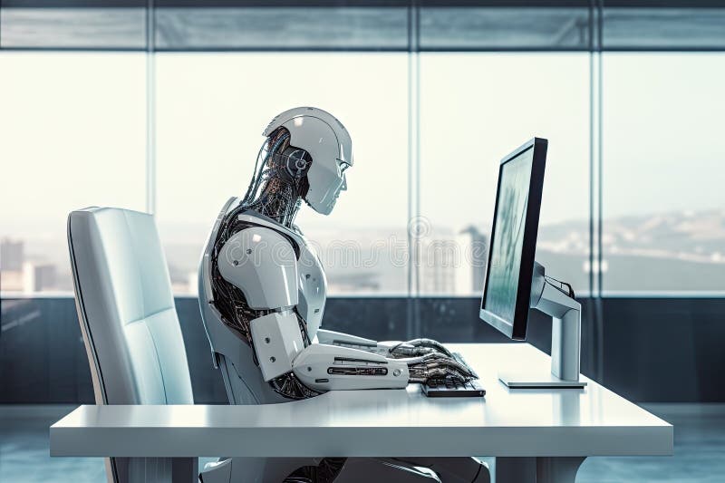Roboter sitzt am Schreibtisch mit Laptop vor ihm. durch generative Hilfe. lizenzfreie abbildung