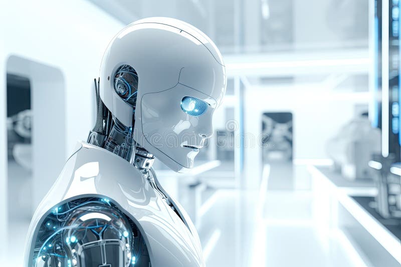 Roboter sitzt am Schreibtisch mit Laptop vor ihm. durch generative Hilfe. lizenzfreie abbildung