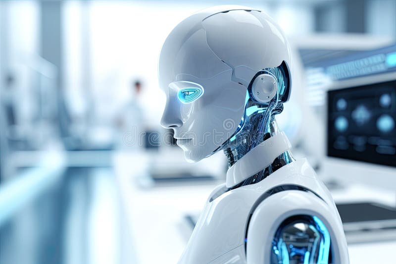 Roboter sitzt am Schreibtisch mit Laptop vor ihm. durch generative Hilfe. stock abbildung
