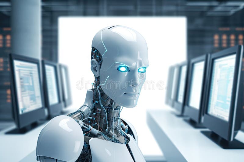 Roboter sitzt am Schreibtisch mit Laptop vor ihm. durch generative Hilfe. stock abbildung