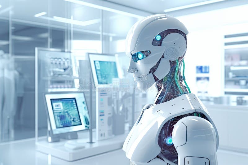 Roboter sitzt am Schreibtisch mit Laptop vor ihm. durch generative Hilfe. lizenzfreie abbildung