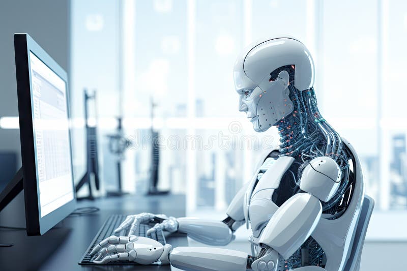 Roboter sitzt am Schreibtisch mit Laptop vor ihm. durch generative Hilfe. stock abbildung