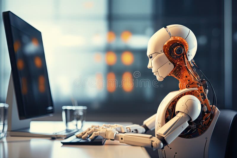 Roboter sitzt am Schreibtisch mit Laptop vor ihm. durch generative Hilfe. vektor abbildung