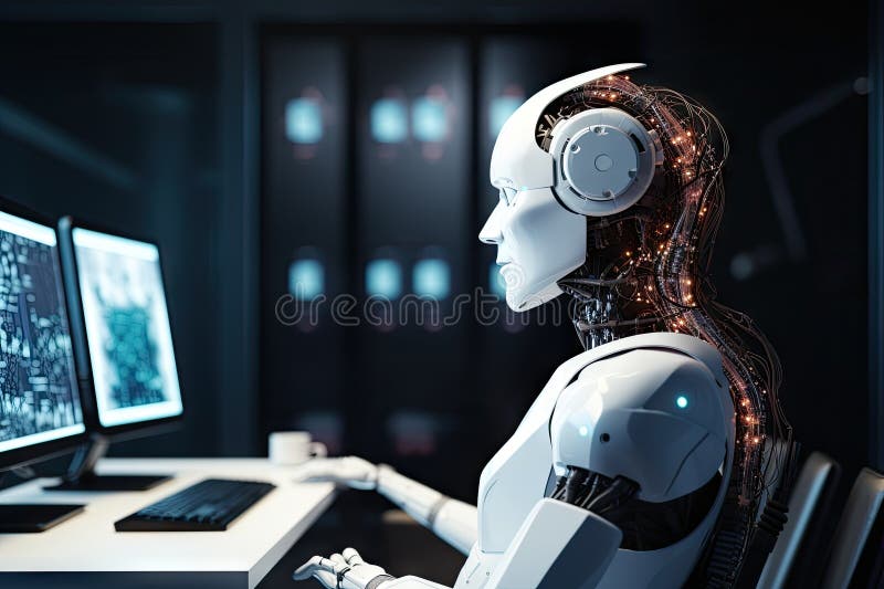 Roboter sitzt am Schreibtisch mit Laptop vor ihm. durch generative Hilfe. lizenzfreie abbildung
