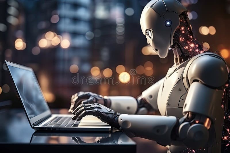 Roboter sitzt am Schreibtisch mit Laptop vor ihm. durch generative Hilfe. lizenzfreie abbildung