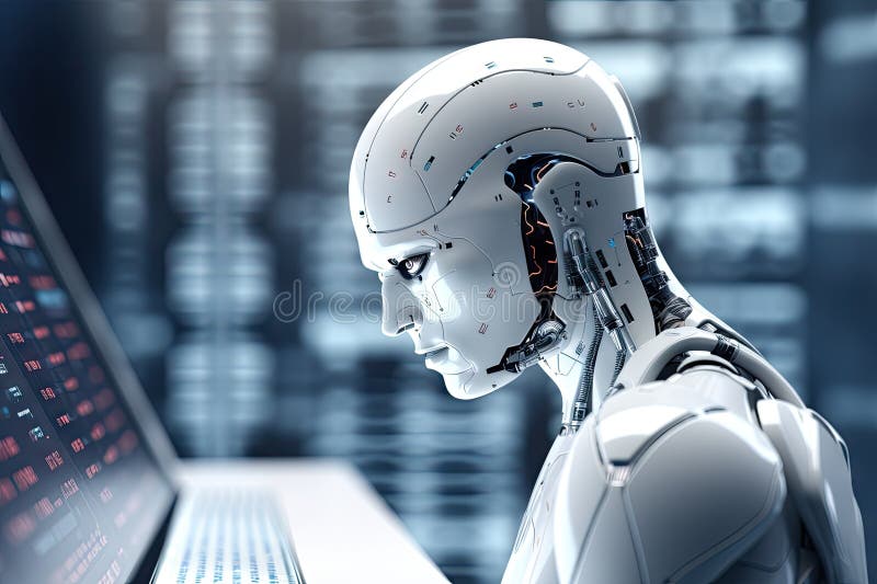 Roboter sitzt am Schreibtisch mit Laptop vor ihm. durch generative Hilfe. lizenzfreie abbildung