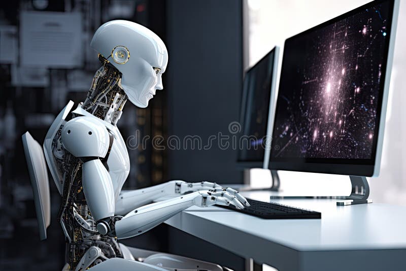 Roboter sitzt am Schreibtisch mit Laptop vor ihm. durch generative Hilfe. lizenzfreie abbildung
