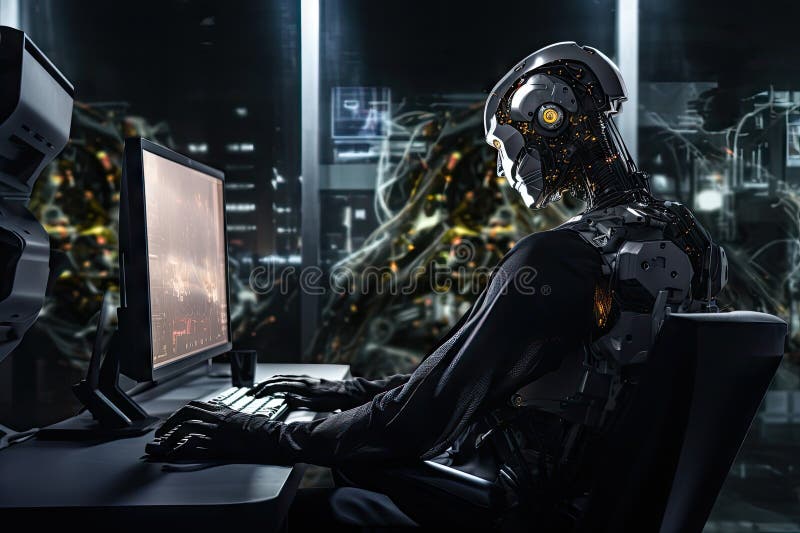 Roboter sitzt am Schreibtisch mit Laptop vor ihm. durch generative Hilfe. lizenzfreie abbildung
